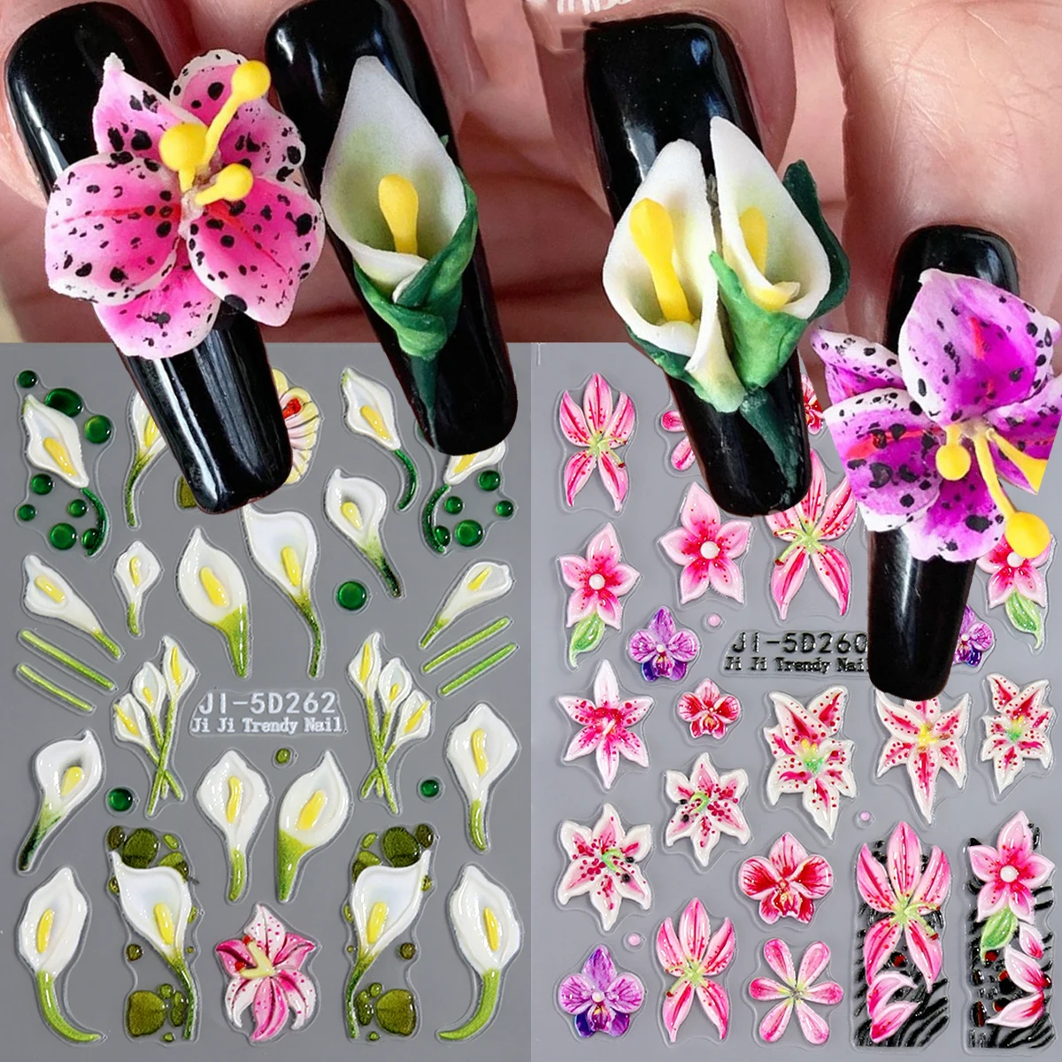 5D Spring Summer Pink Floral Leopard Nail Art Stickers Featuring Calla Lily Designs, Self-Adhesive Nail Decals for And Women