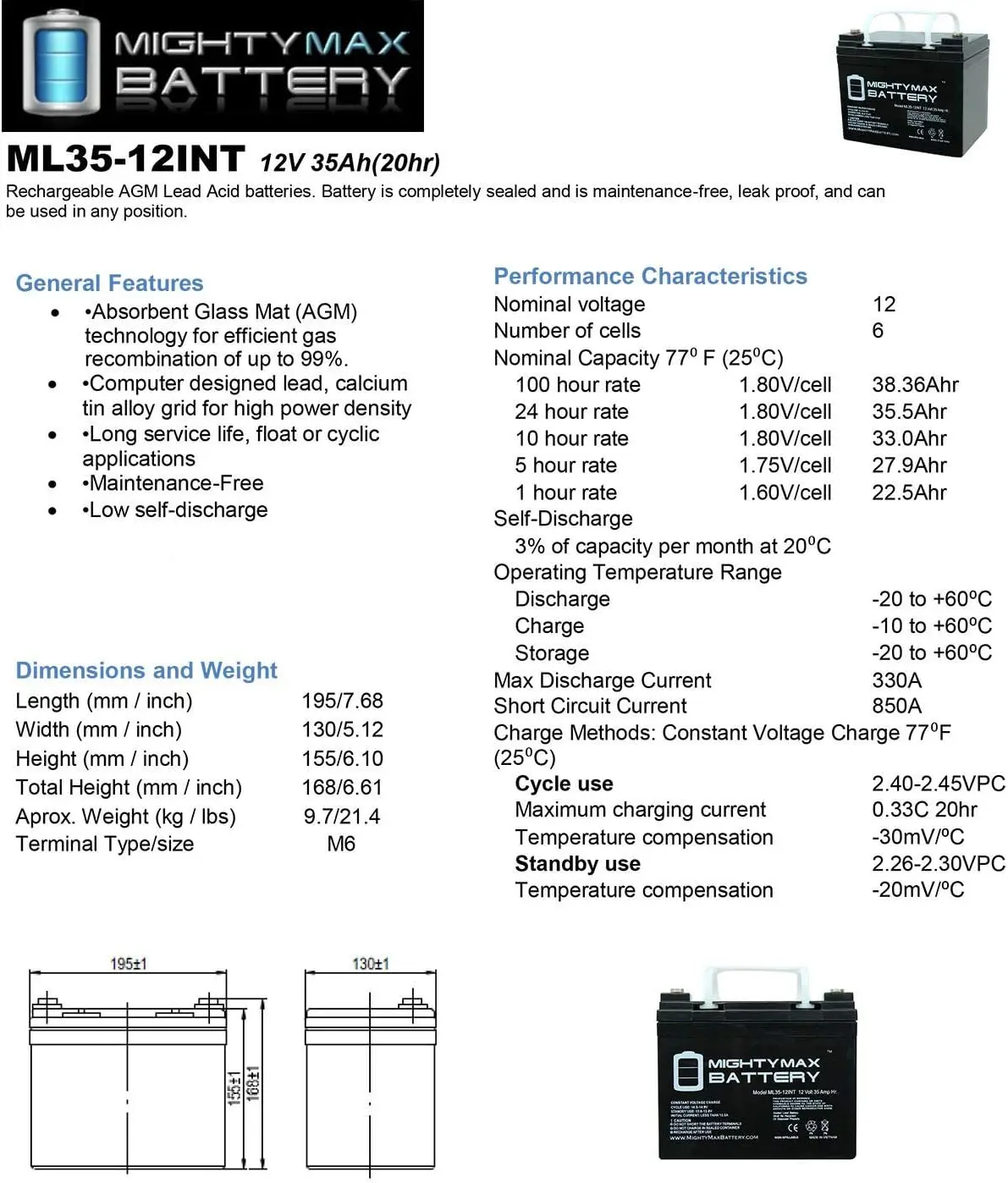 Mighty Max-batterij ML35-12 - 12V 35AH INT-batterij - 4-pack