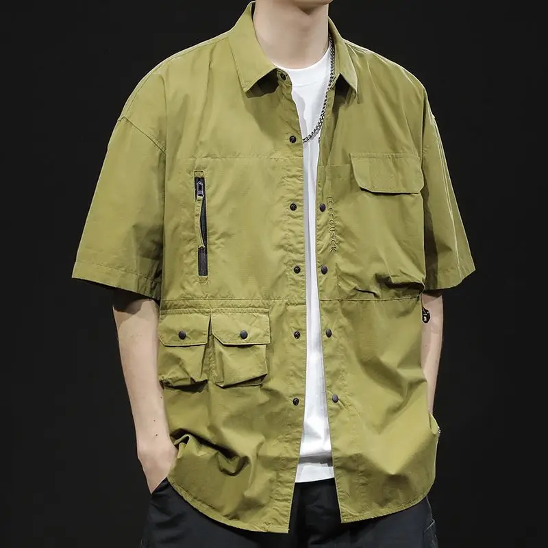 Men\'s Shirt Green Cargo Oversize Male Shirts with Pocket Xxl Sleeves High Quality Luxury Japanese Vintage Casual Designer Social