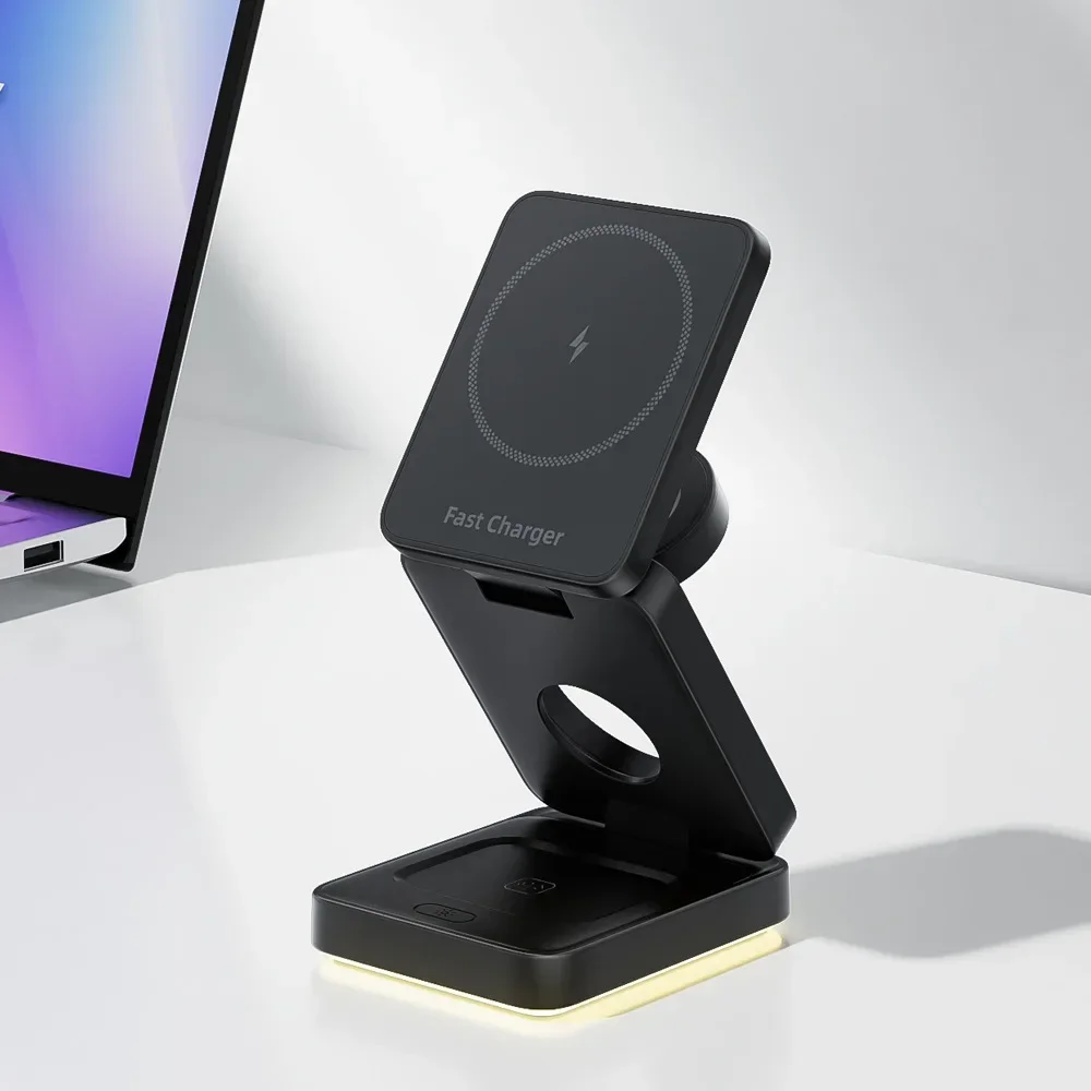 Three in One Wireless Charger with Foldable Magnetic Suction, Suitable for IPhone Wireless Charger and Phone Holder