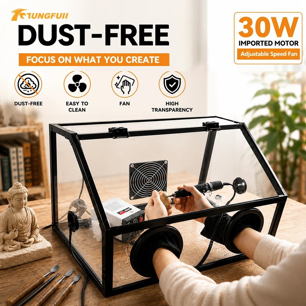 Image of Tungfull 30W Verstellbarer Lüfter Staubfreie Schleifbox Transparentes Acryl-Staubschutzgehäuse für Holz-, Jade-, Harz-, Schnitz- und Polierarbeiten Rotationswerkzeug-Arbeitsstation