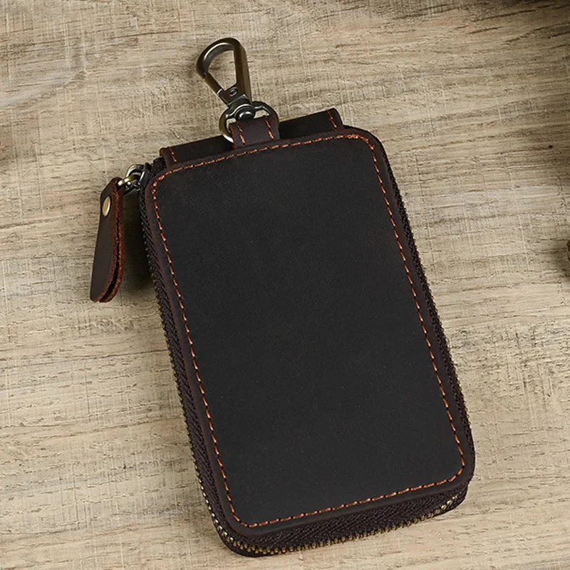 

Кошелек-брелок из натуральной яловой кожи, мужской мини-сумка для хранения карт, съемный держатель для ключей, ретро-кошелек на молнии, чехол для ключей, сумка для ключей от машины