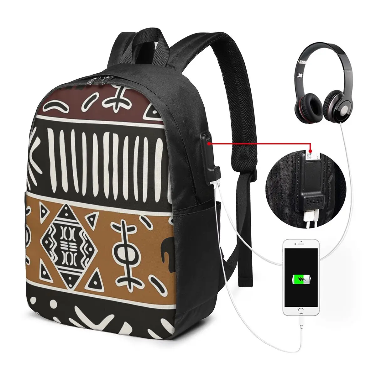 

African Mud Cloth With Elephants Backpack Travel Notebook Bag Computer College Student School Bag Laptop Shoulder Bags