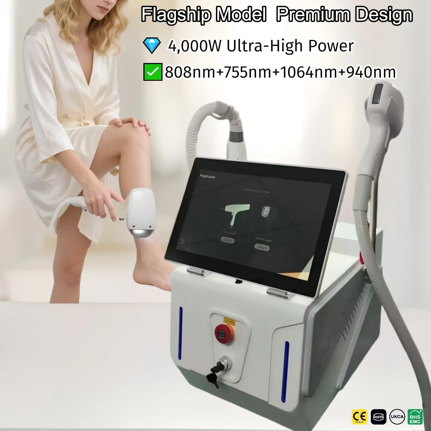 

2 IN 1 Soprano Titanium Ice Platinum Diode 4 Wavelength 755 808 940 1064nm Laser Hair Removal Machine Painless2026 NEW 4000W