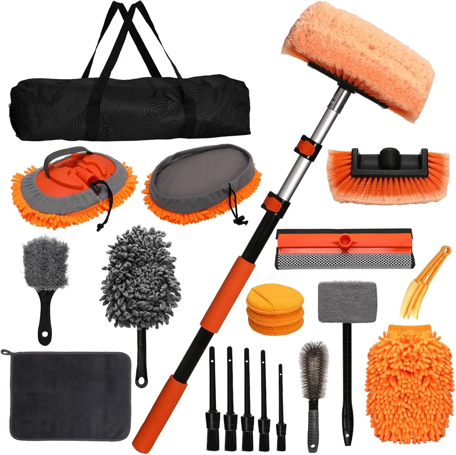 

21-Piece Car Wash Kit with Extension Pole, Soft Brush, Wheel Brush, Mitt & Squeegee for Exterior & Interior Cleaning