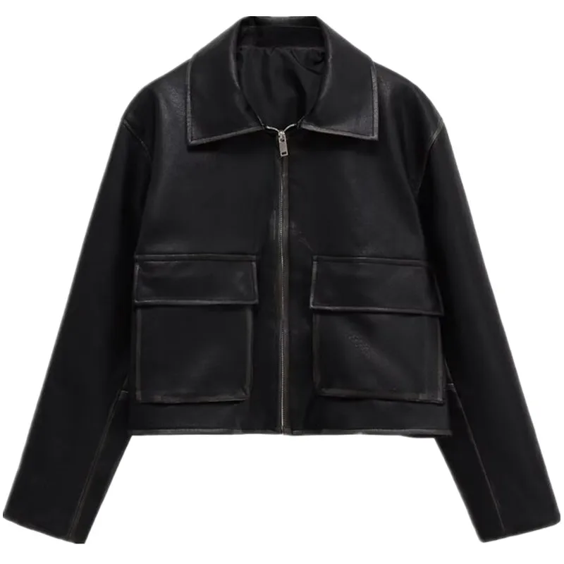 ฤดูใบไม้ร่วง 2025 ผู้หญิงหนังJet Coat Flip Collar Patch Ketอเนกประสงค์Outerwear Orความยาวซิปปิดฟังก์ชั่นความอบอุ่น