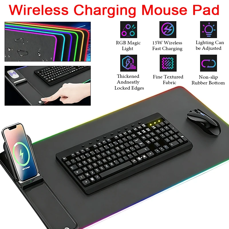 15W Fast Charging Keyboard Wireless Charging Mouse Pad Multi-functional Folding Mouse Pad for Both Horizontal and Vertical Use