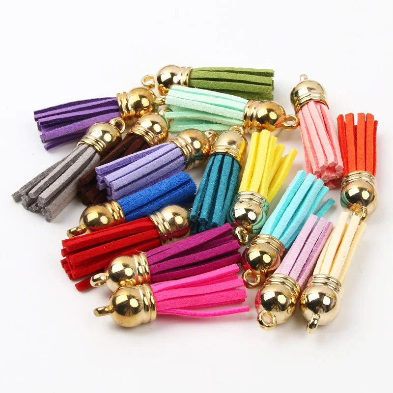 10Pcs 38mm Gold Color Suede Faux Leather Tassel For Keychain Cellphone Straps Jewelry Summer DIY Pendant Charms Finding