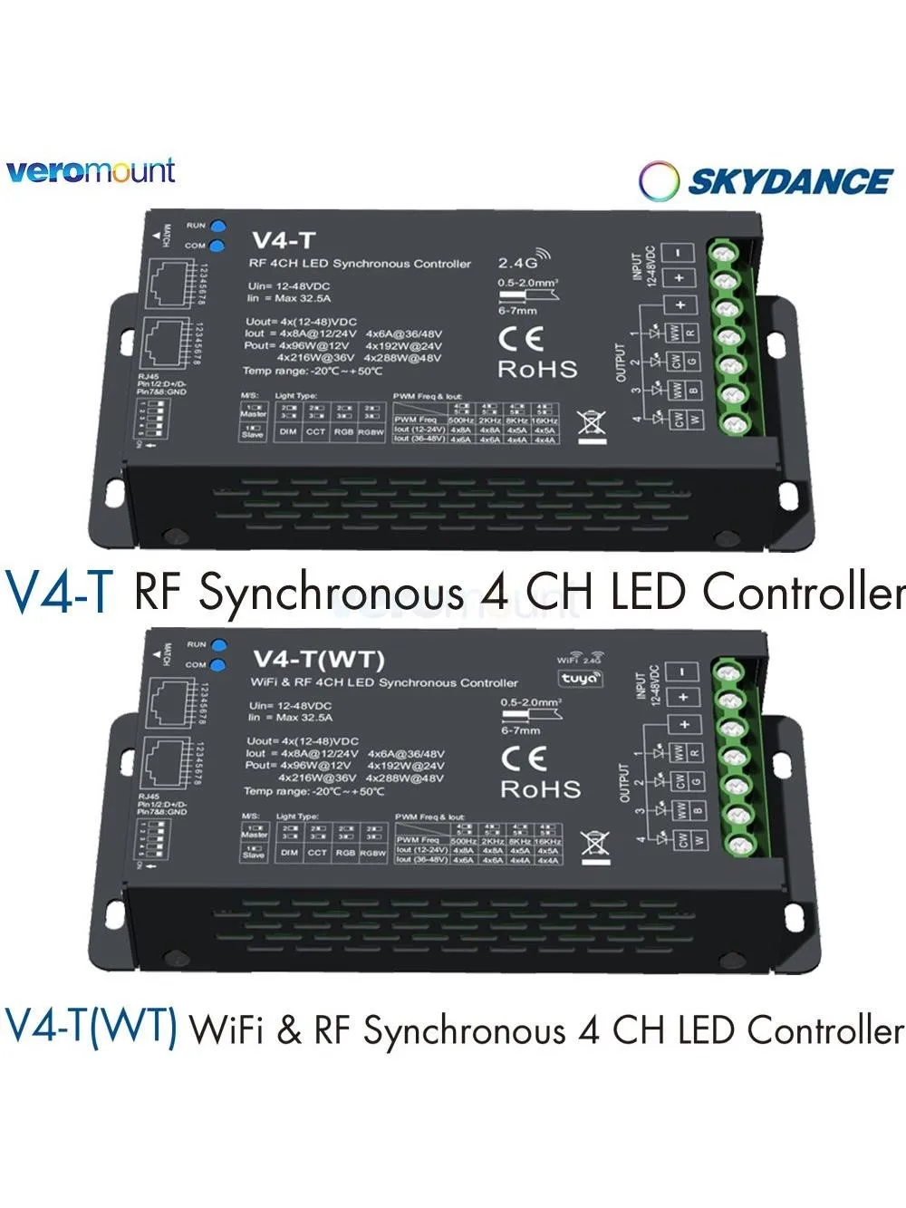 Skydance 4CH*8A 12-48V DC WiFi & RF Synchronous Controller V4-T(WT) (Tuya App) RF Synchronous Controller V4-T DIM/CCT/RGB/RGBW — 2
