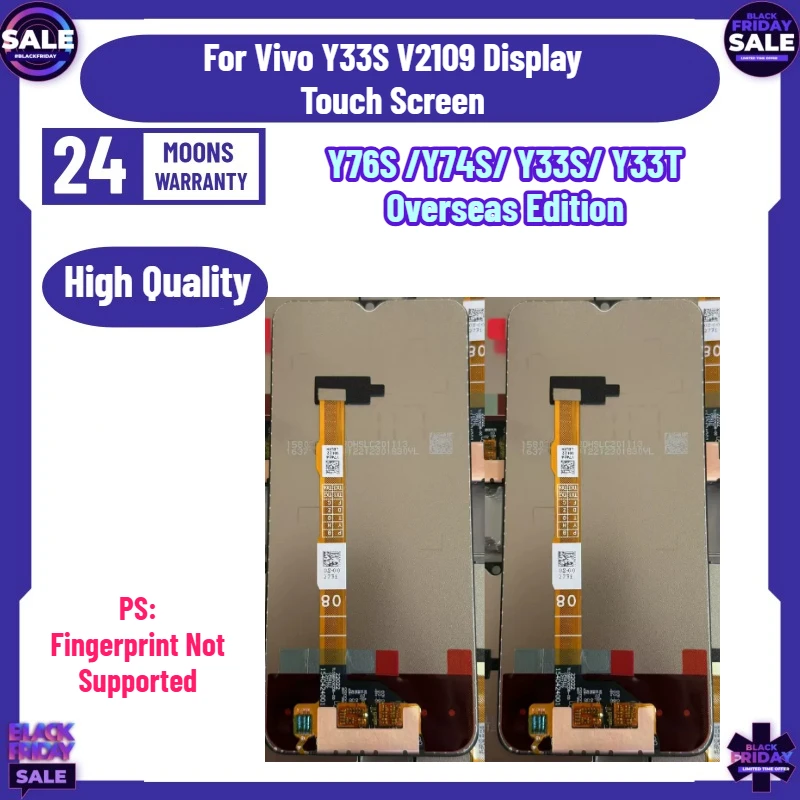 LCD Display for Vivo Y33S V2109 Display Touch Screen Assembly Y76S /Y74S/ Y33S/ Y33T Overseas Edition Fingerprint Not Supported