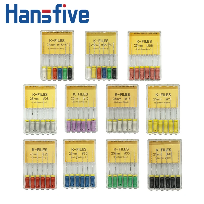 Hansfive 6pcs/Pack Dental Hand Use K Files 25mm Stainless Steel Endodontic Root Canal File 06 08 10 15 20 30 40 45-80