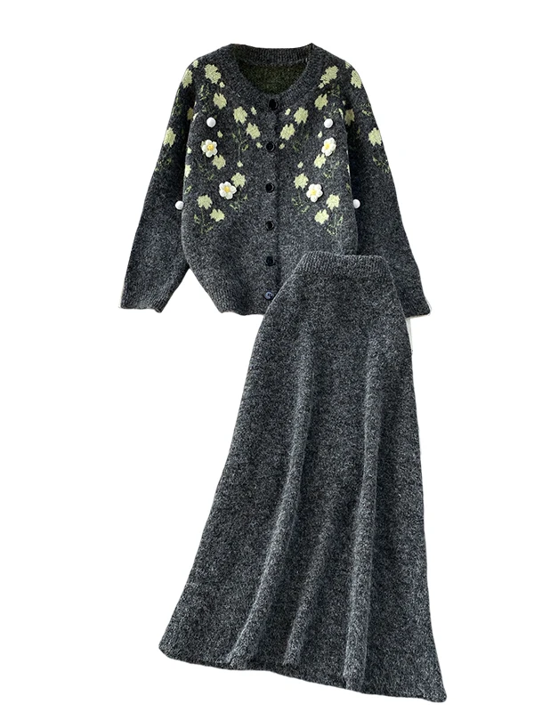 Ele Winter-Outfit, gestrickt, FCE Jaet und Midirock mit hoher Taille, Set mit gestickten 3D-Blumen, lockere Passform, bequem