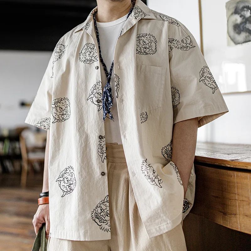 

Maden Japanese Retro Workwear irt Pure Cotton Linen Feel Loose ort Sve Printed Men Summer irt Yellow een arp Collar