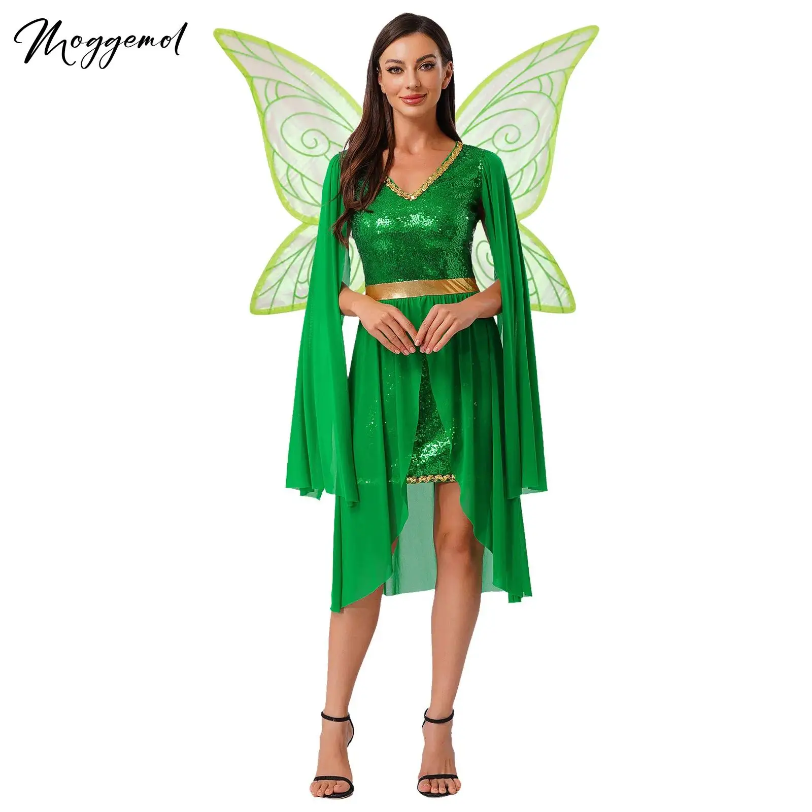 

Женское платье для косплея феи-эльфа с крыльями, V-образный вырез, без рукавов, с драпировкой, сетчатой юбкой-накидкой, платье-труба с пайетками для вечеринки