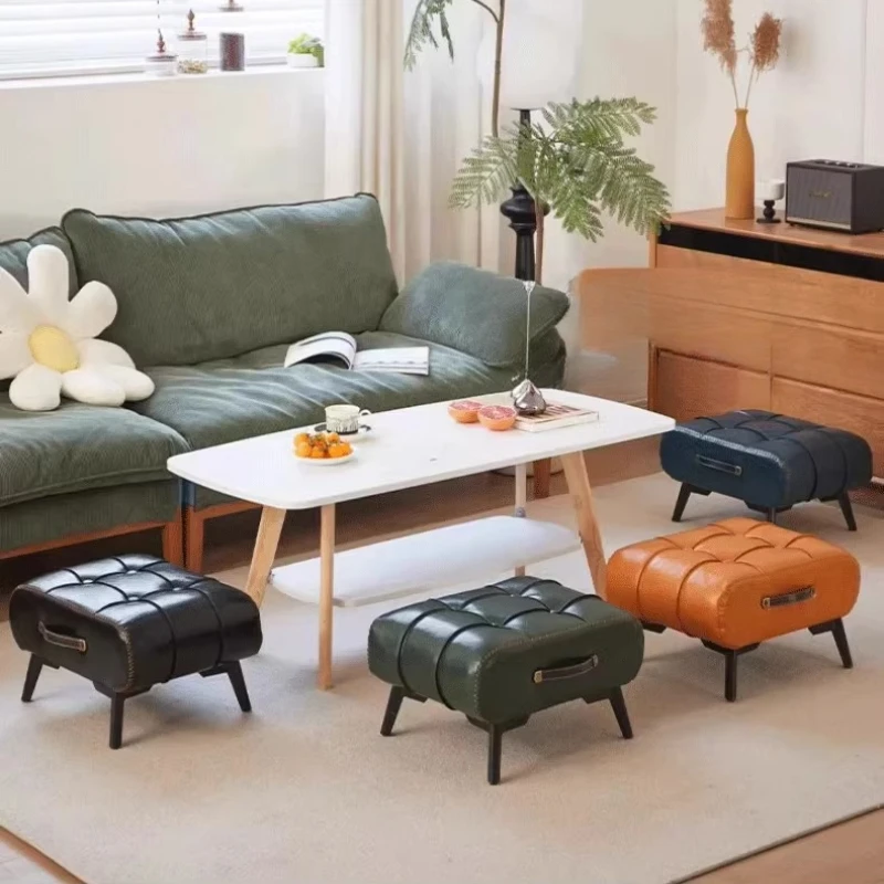 

Italian Light Luxury Oil Wax Leather Stool Home Doorstep Shoe Changing Stool Living Room Sofa Hand Held Footrest Stool