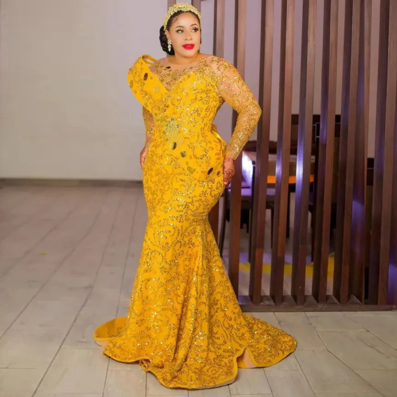 Sparkle Gold Yellow Sequined Lace African Formal Dress Plus Size Aso Ebi Prom Dresses South Africa Women Wedding Reception Gowns