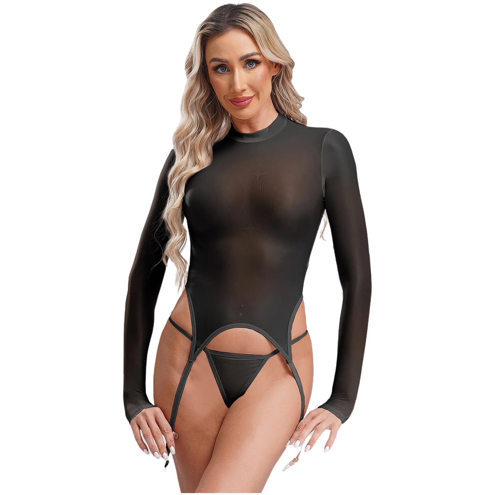 

Women Sheer Bodysuit Shirts Top with with Garters Long Sleeve Open Crotch Leotard Top and T-Back Thongs Sexy Nightclub Party Top