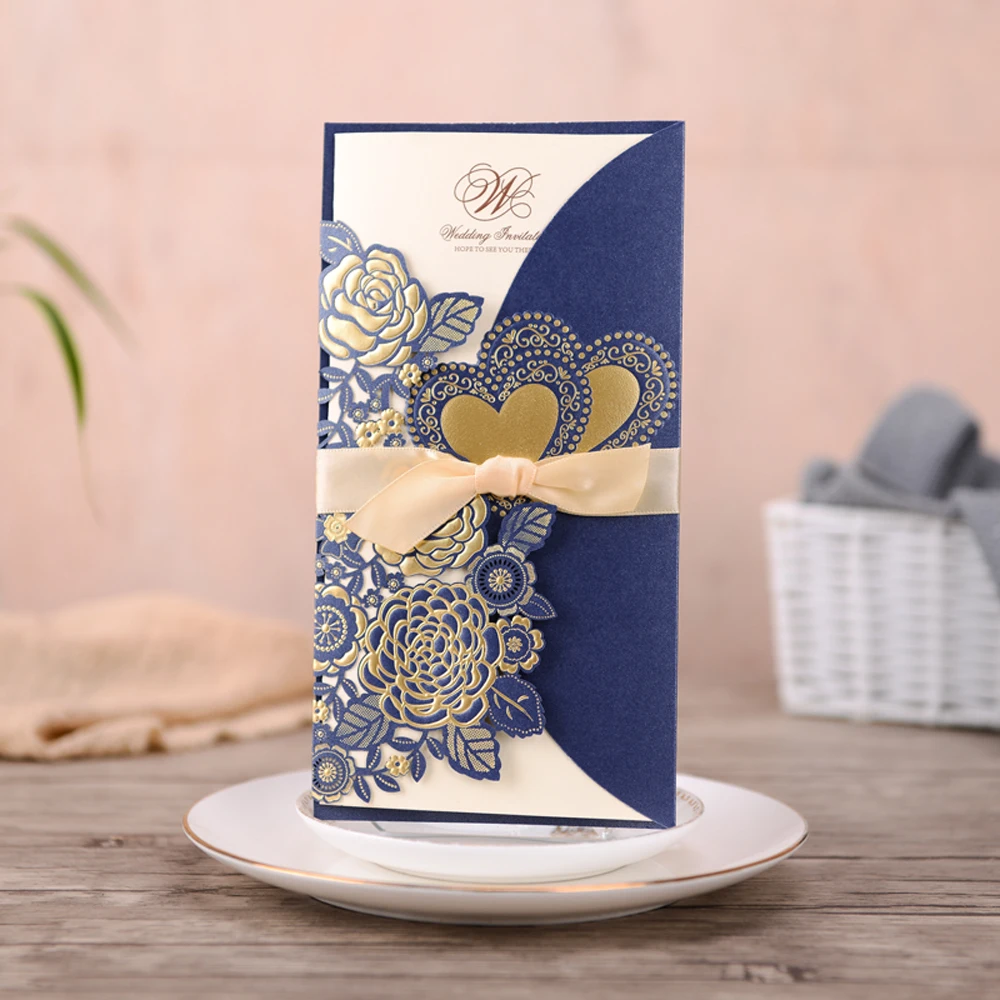 

50 Sets Double Heart Navy Blue Wedding Invitation Card Red White Gold Customized Print Chinese Marriage Party Invitations CX075