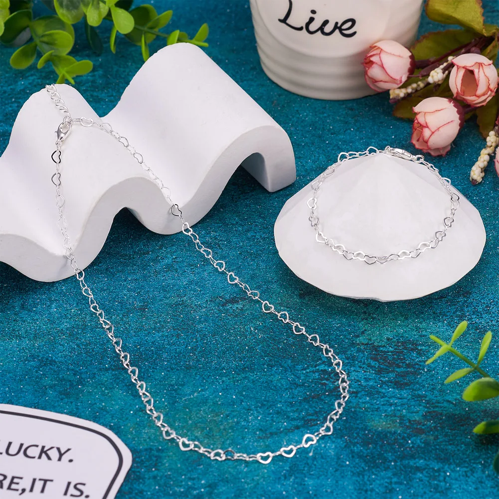 3 Colors Heart Link Chain Bracelet & Necklace Jewelry Making Kit with Lobster Claw Clasps Birthday Anniversary Gift 38.5~39cm