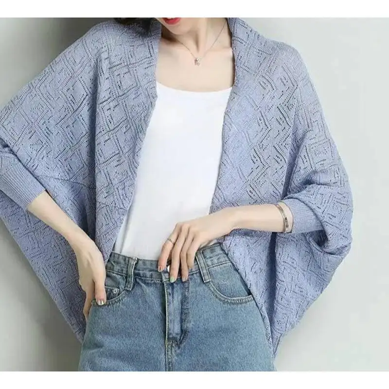 Spring Summer Blouses Wear Women Ice Silk Knitted Cardigan Sunproof  Hollow Shawl Poncho Lady Capes Knitting Blue Cloaks