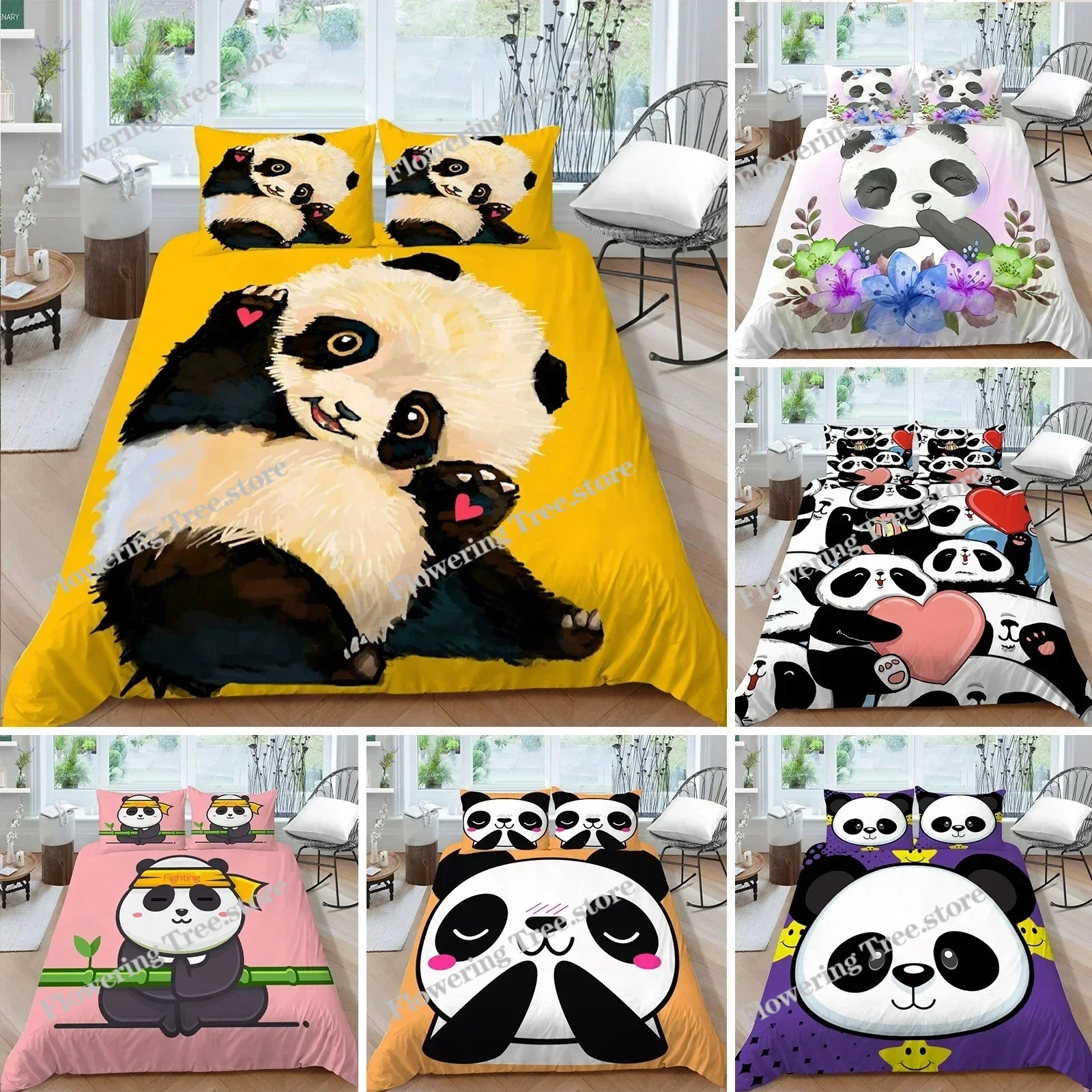 

Panda Bedding Set for Kids Boys Girls Cute Cartoon Giant Panda Duvet Cover Set KingQueen Size Yellow Soft Polyester Quilt Cover