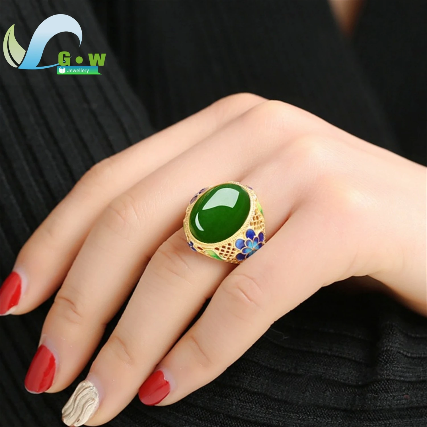 

Регулируемое эмалированное кольцо с зеленым агатом, винтажное ювелирное изделие в королевском стиле, подарок для матери и женщин, антикварное открывающееся кольцо, модное заявление