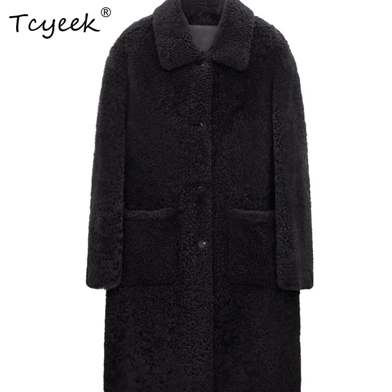 Tcyeek الصوف الحقيقي الخريف الشتاء الراقية العصرية عادية Umei أسود طويل المرأة الصوف شيرلينغ معطف الفرو Fourrures فام