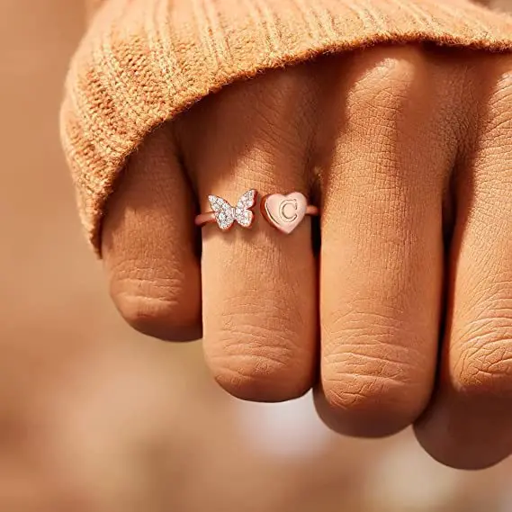 New sales butterfly diamond custom letter rose gold ring zircon love personality initials diamond ring for girls boys accessorie