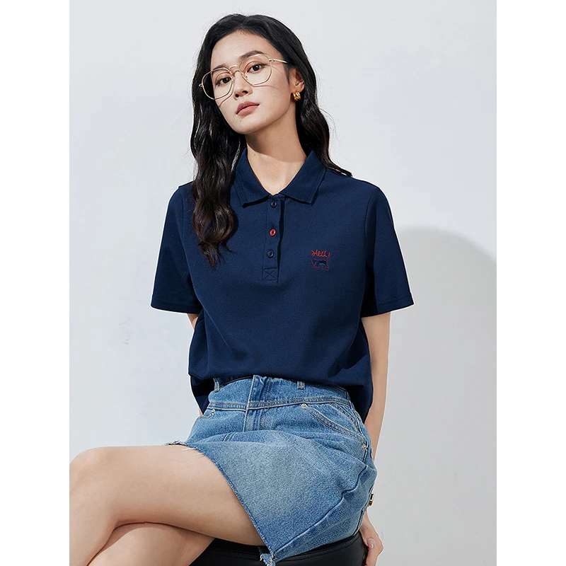 TOYOUTH Women T-shirt 2024 Summer New Pearl Polo Neck Short Sleeve Animal Letter Embroidered Navy Tops