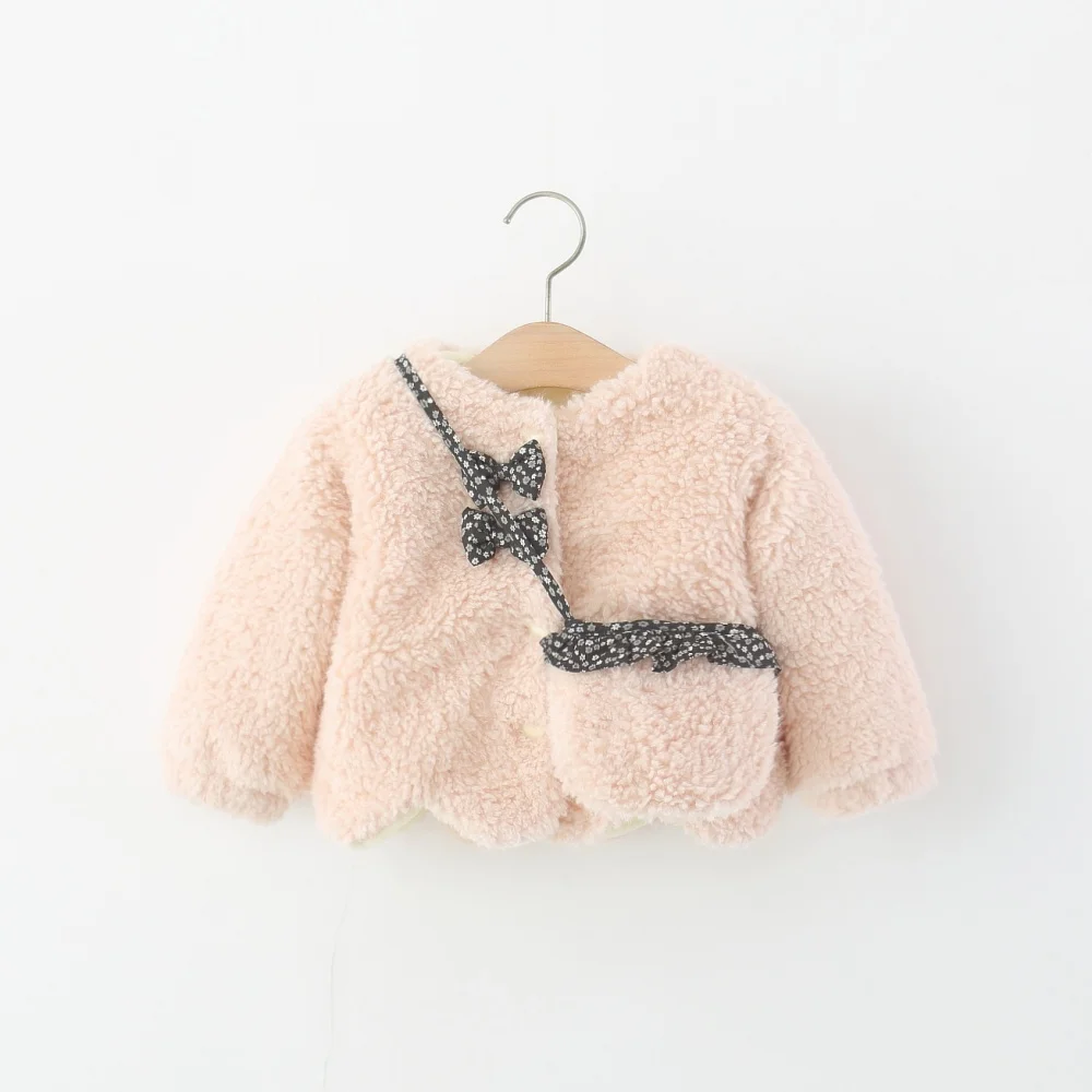 Baby Girl Coat Winter Cotton Solid Color Bow Long Sleeved Baby Girl Jacket Cartoon Plus Velvet Warm Girl Clothing