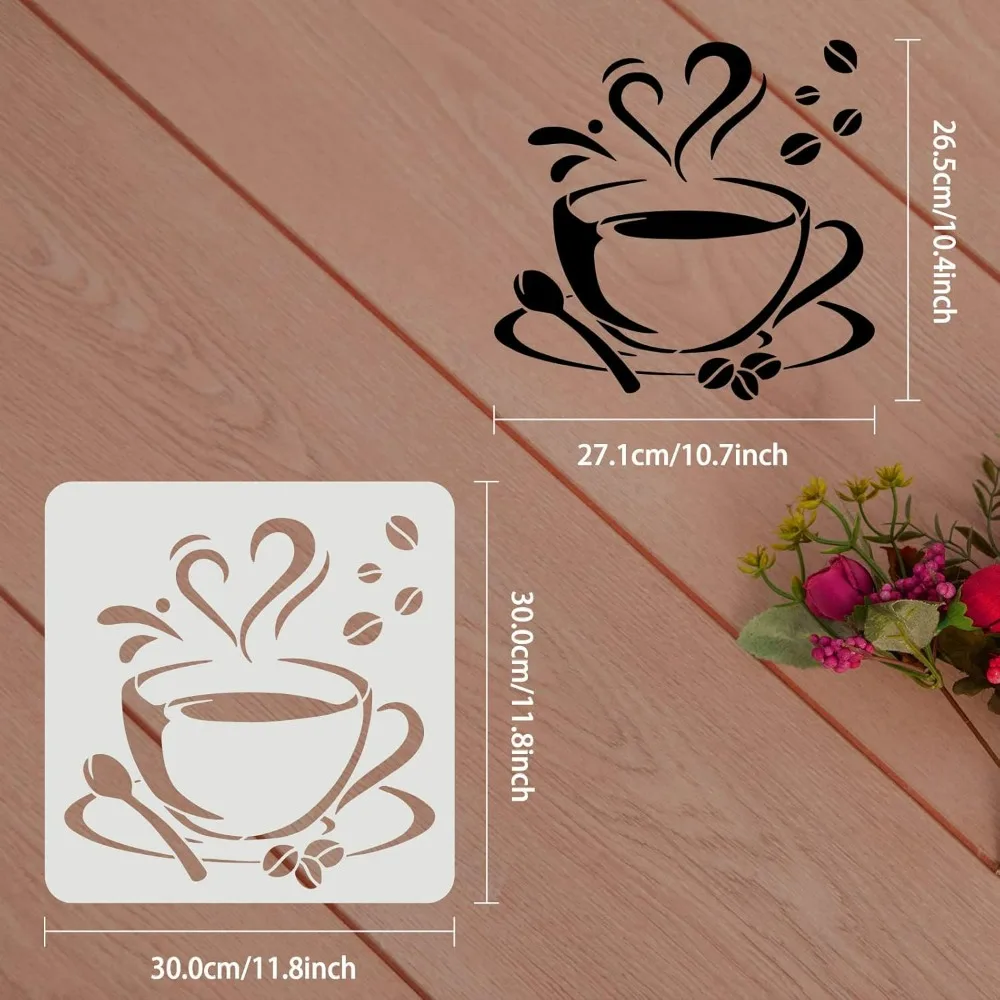 Coffee Cup with Steam Stencil 11.8x11.8inch Reusable Cup of Coffee Stencil for Coffee Bar Decoration Cup Stencil