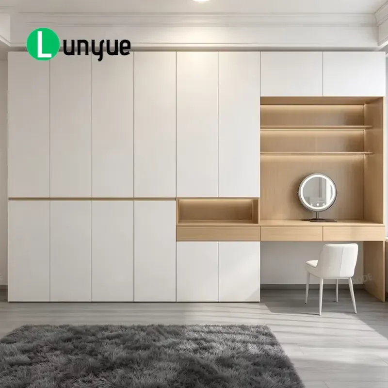 Modern Solid Wood Integrated Wardrobe with Dresser and LED Mirror Easy to Assemble Luxury Bedroom Furniture for Villa