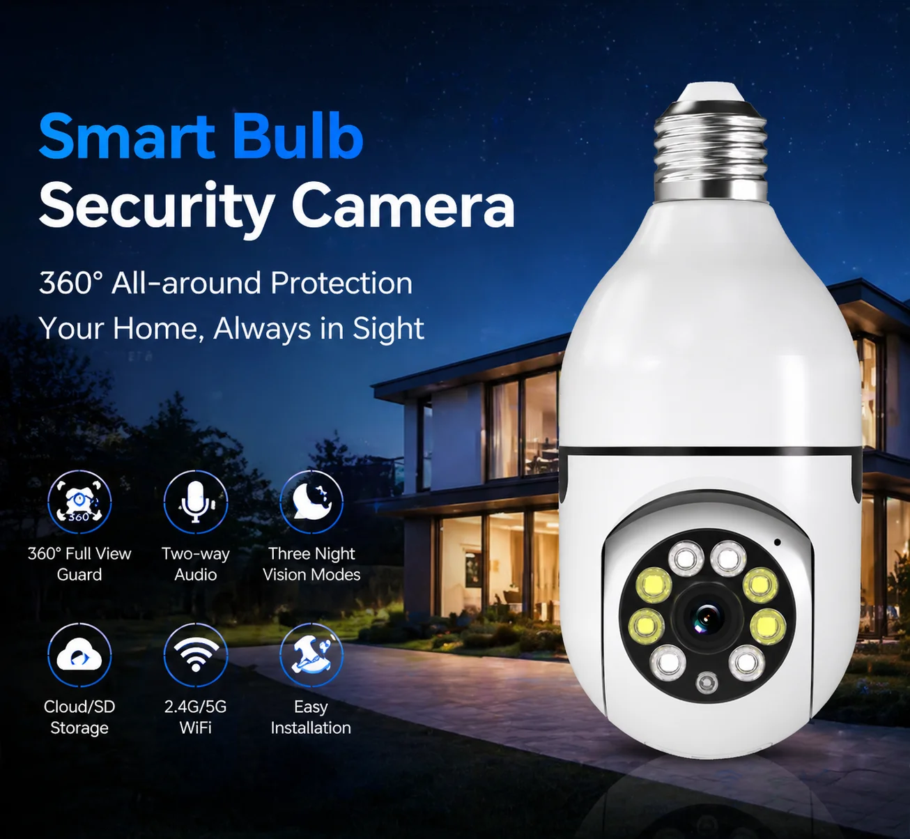 Ease Life App 5G/2.4G WiFi,4MP,IP54,E27 Light Bulb Security Camera Indoor Outdoor Wireless  Color Night Vision Motion Detection