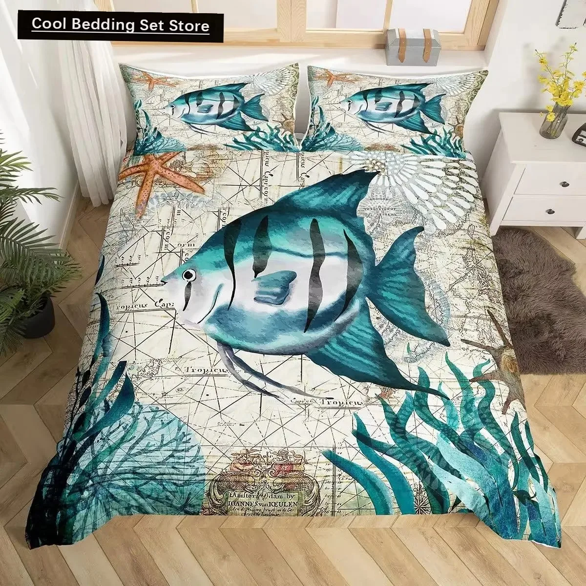 

Teal Comforter Cover King Queen Ocean Spanish Mackerel Duvet Cover Nautical Underwater World Marine Life Polyester Bedding Set