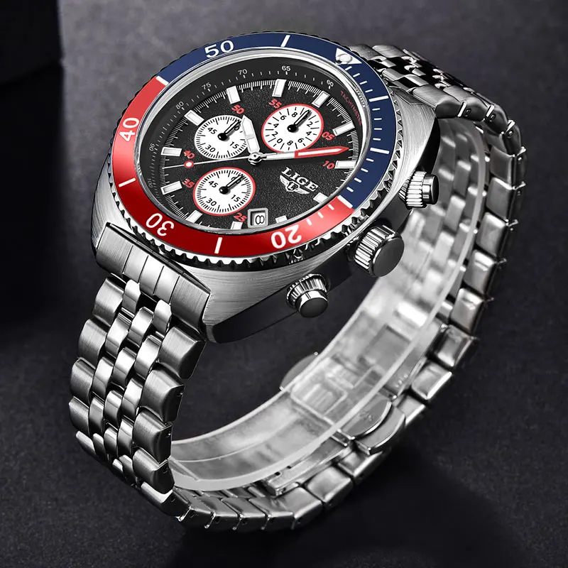 LIGE Fashion Mens Watch Stainless Steel Top Brand Luxury Sport Chronograph Quartz Watches For Men Wrist Watch Relogios Masculino