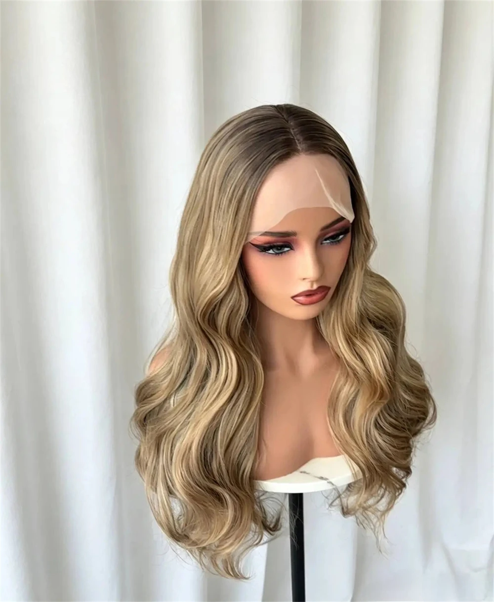 24'' Ombre Honey Blonde with Brown Streaks Synthetic HD Lace Front Wig with Roots Party Daily Cosplay Heat Resistant Fiber Wig