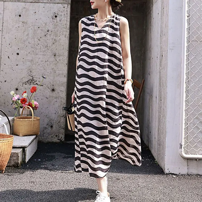 Summer Korean Commute V-Neck Long Dress Stylish Irregular Striped Casual Loose Sundress Women's Clothing Sleeveless All-match