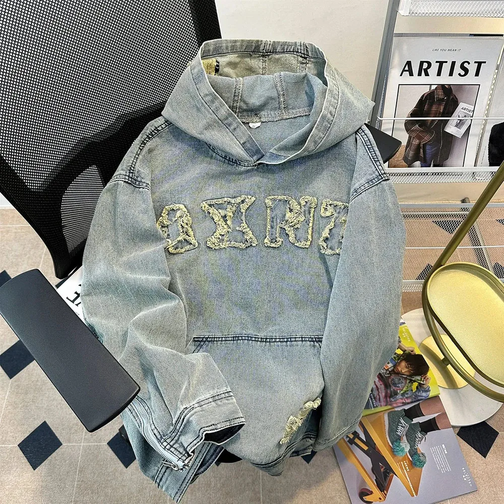 

Мужские и женские пары, осенние новые толстовки с капюшоном, лоскутные джинсовые пуловеры с надписью, модные уличные рваные свободные куртки, топ