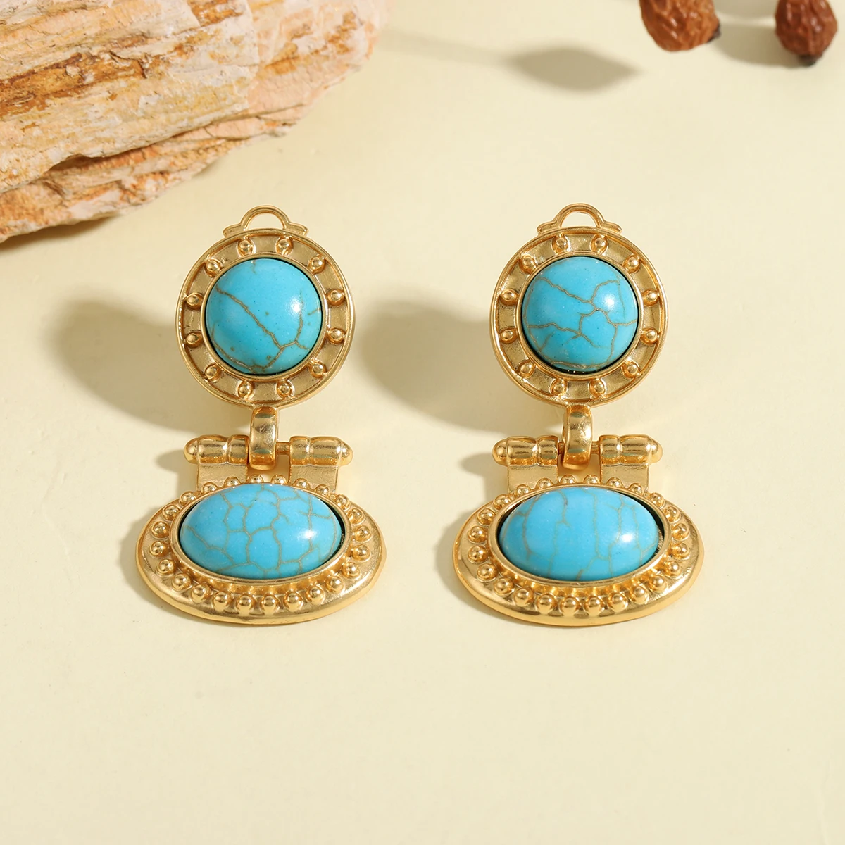 Vintage Gold Color Turquoise Drop Dangle Earrings for Women Retro Beaded Edge Oval Door Knocker Statement Party Jewelry Gift