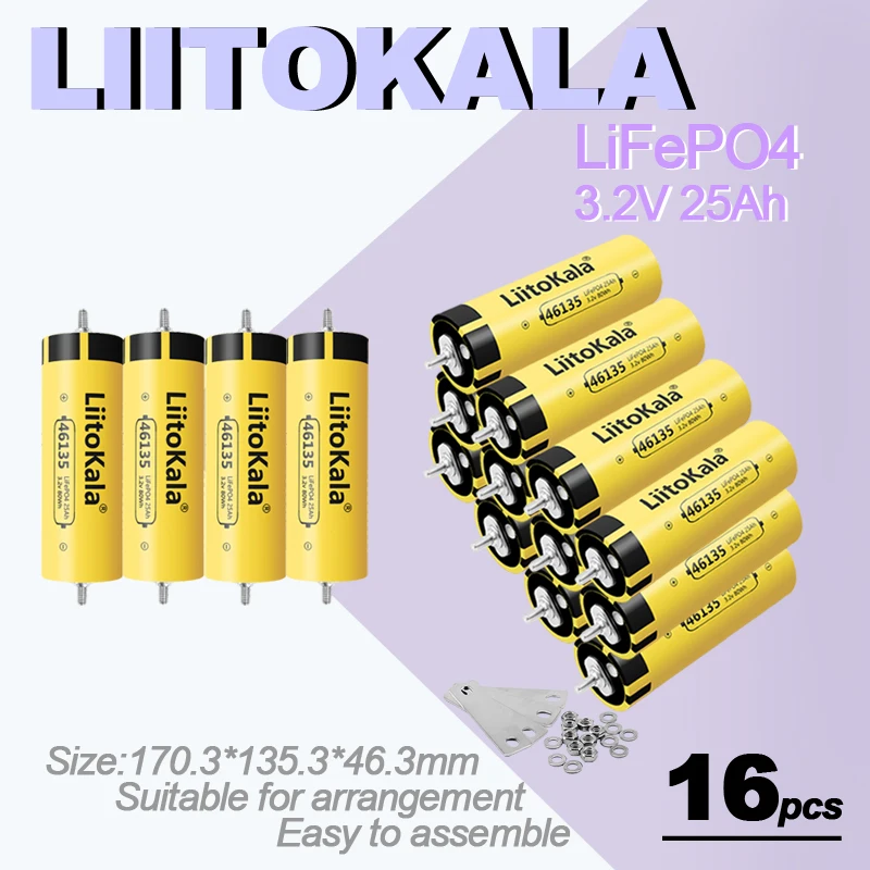16 Stück LiitoKala 3,2 V 25 Ah LiFePO4-Akku mit hoher Kapazität und Tiefentladefunktion für 12 V 24 V 28 Ah Li-Ionen-Akku, wiederaufladbarer Akkupack