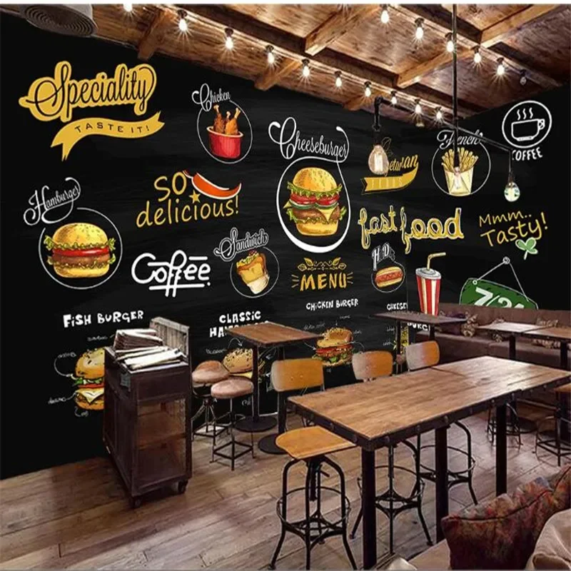 Custom Mural Wallpaper 3D Hand-painted Blackboard Western Restaurant Pizza Hamburger Fast Food Shop Background Wall Paper 3D