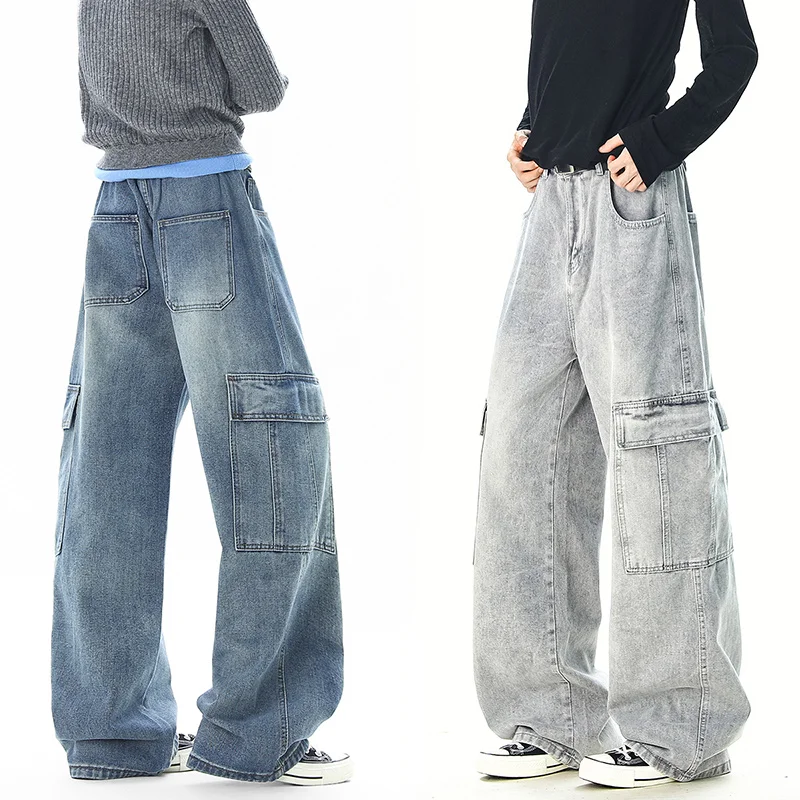 Autumn Winter Men's Baggy Cargo Jeans Denim Pants Work Style Loose Fit Streetwear Trousers Vintage Wash Wide Leg Fashion Pocket
