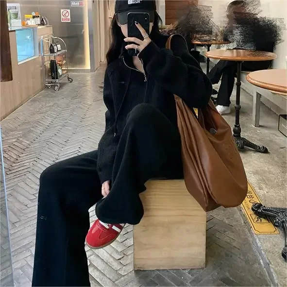 Tracksuit Knitting Two Piece Sets Muslim Women Sweater Cardigan Zipper Wide Leg Pants Suit Casual Arabic Knitwear Ensemble