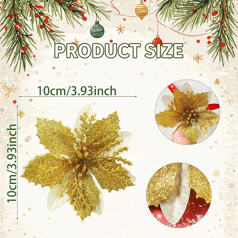 5/10/20Pcs Gold Glitter Poinsettia Flowers Christmas Tree Ornaments Xmas Decorations Artificial Wreath Garland Party Home Decor
