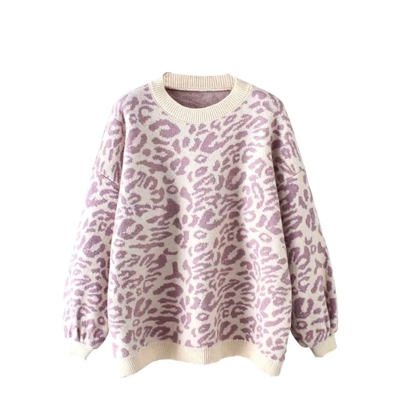 Autumn and Winter New European and American Loose Round Neck Leopard Puff Sleeve Knitwear Pullover Sweater Women