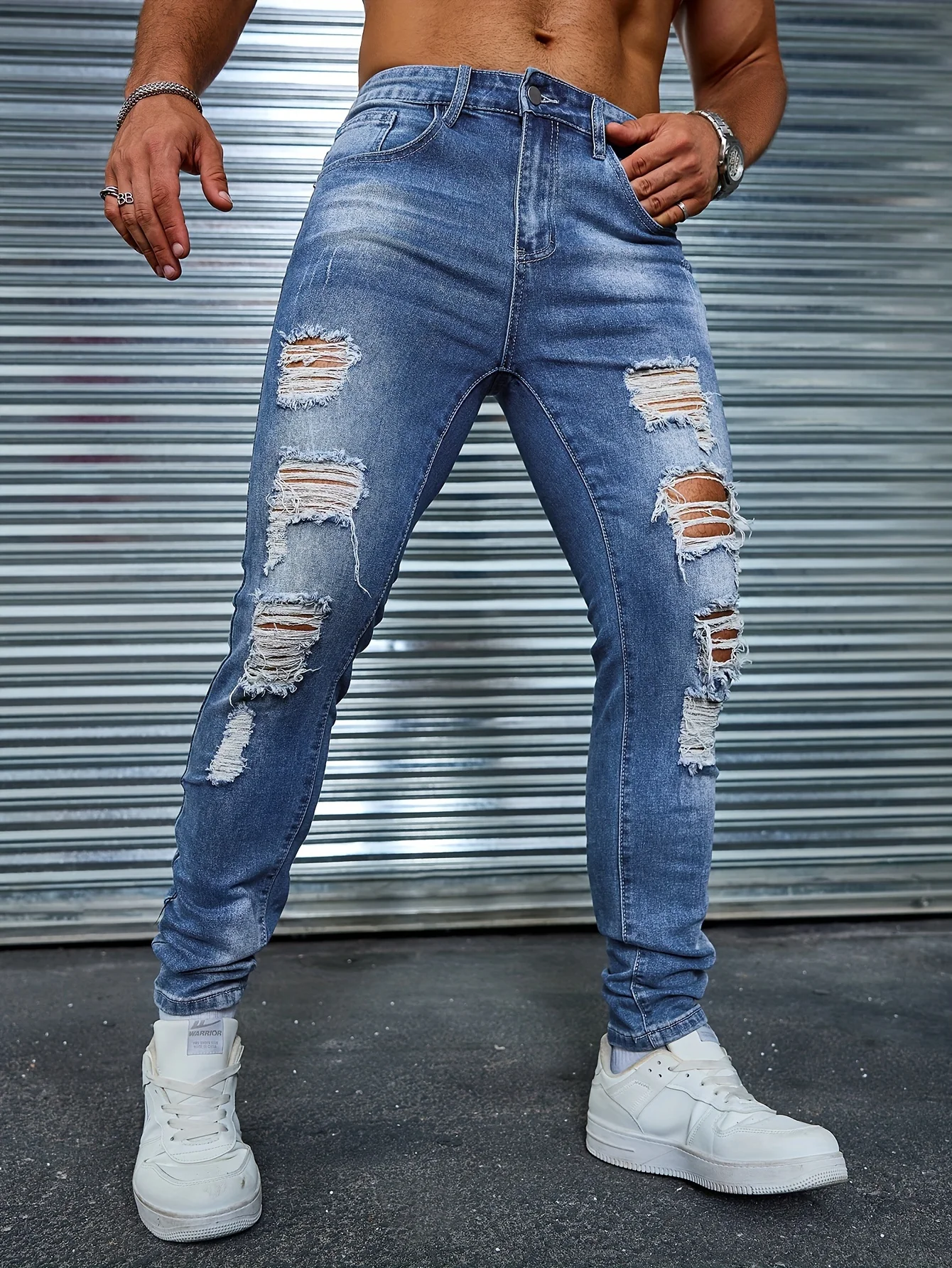 Мужские узкие рваные эластичные джинсовые брюки