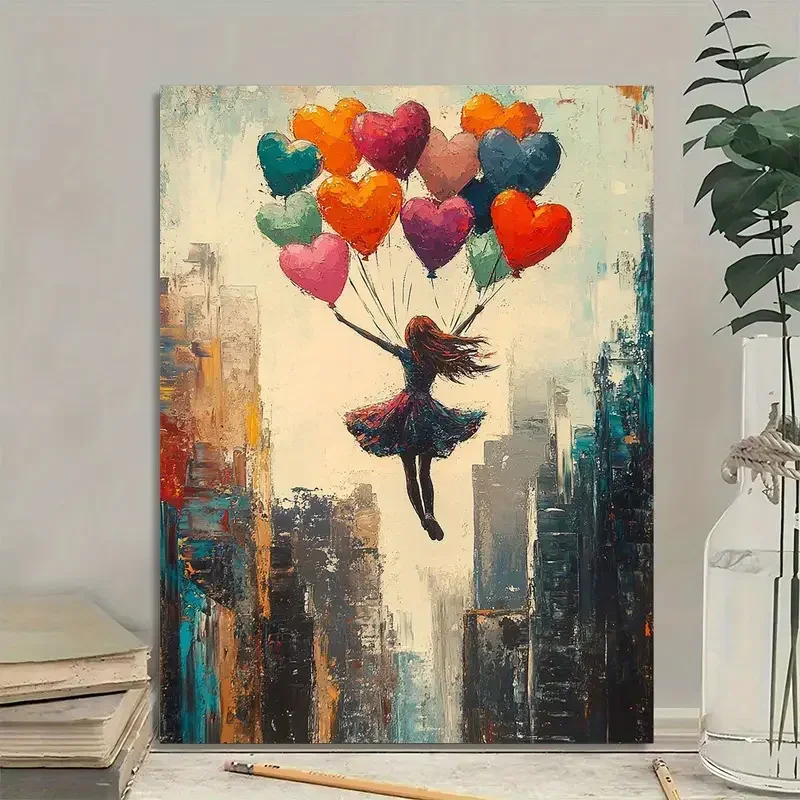 1pc Unframed Canvas Wall Art - Flying with Heart Balloon, Pastel Pink & Turquoise Blue Doodle Painting, Whimsical Decor, Wrapped