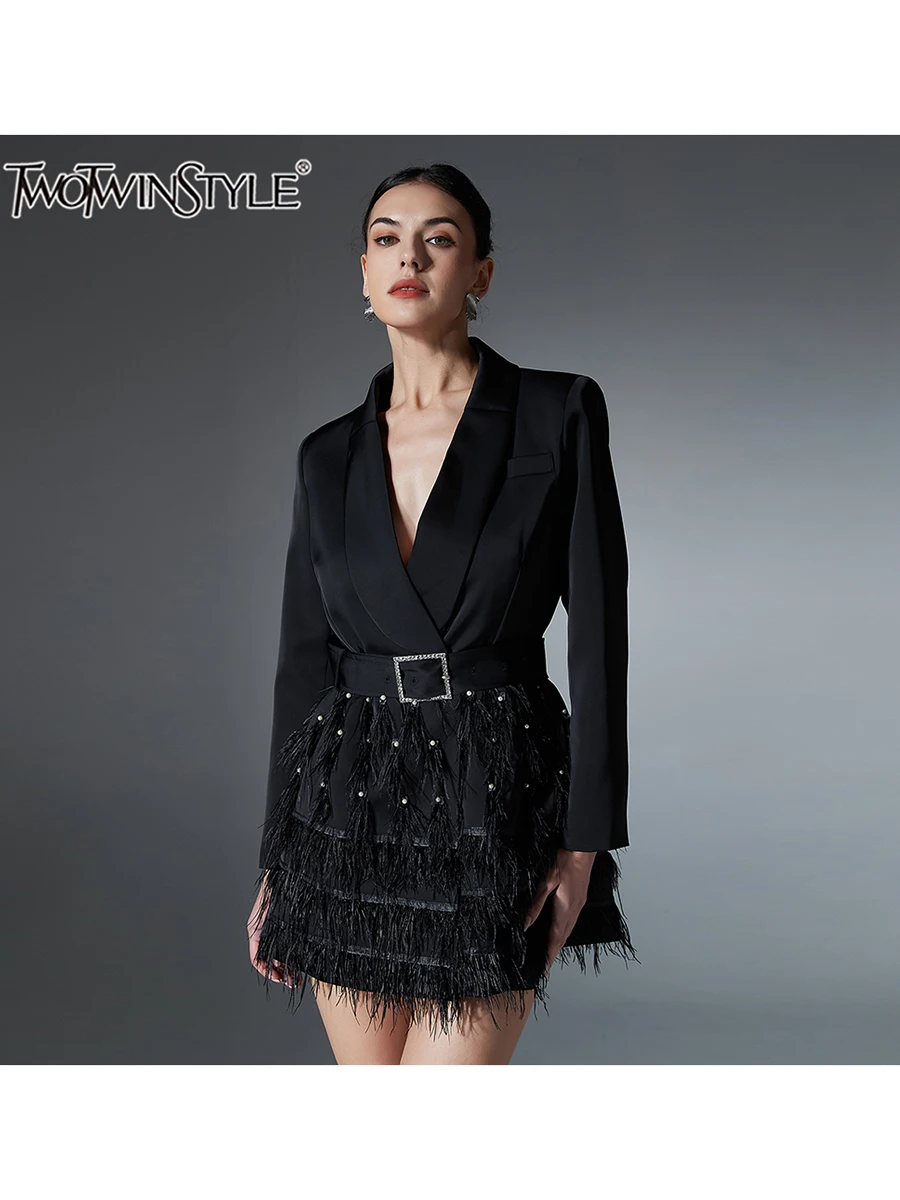 TWOTWINSTYLE Solid Spliced Feathers High Street Dresses For Women Lapel Long Sleeve Spliced Sashes Mini Dress Female Fashion New