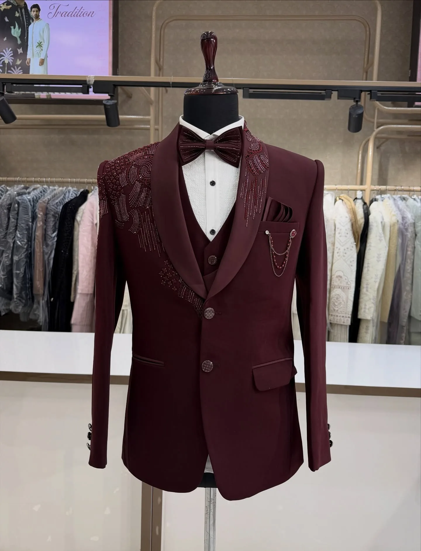 3 Pieces Groom Wedding Tuxedos Beading Crystal Formal Suits Men Red Prom Blazer Pants Vest Sets Male Fashion Jacket Custom Made