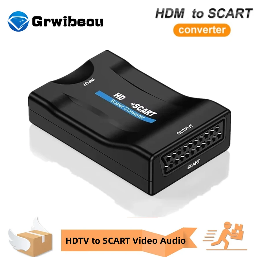 1080P HDMI-compatible to SCART Video Audio Upscale Converter Adapter Signal Adapter with USB Cable for HDTV Sky Box STB DVD